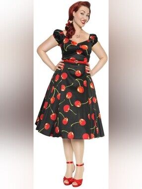Collectif Black Cherry Print Fit-and-Flare Dress